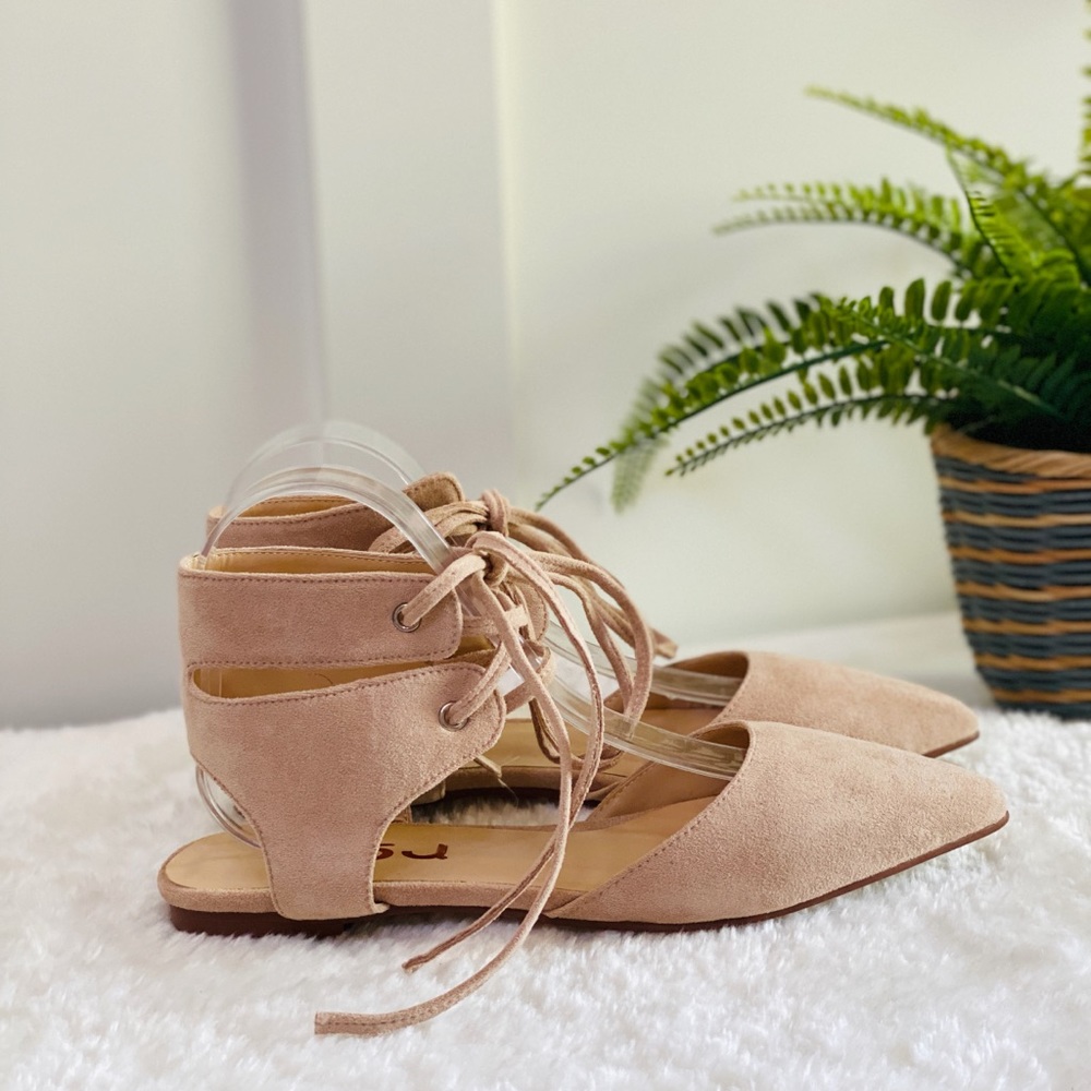 Suede Pointed Toe Lace-up Strappy Slingback Flats - Picture 3 of 7